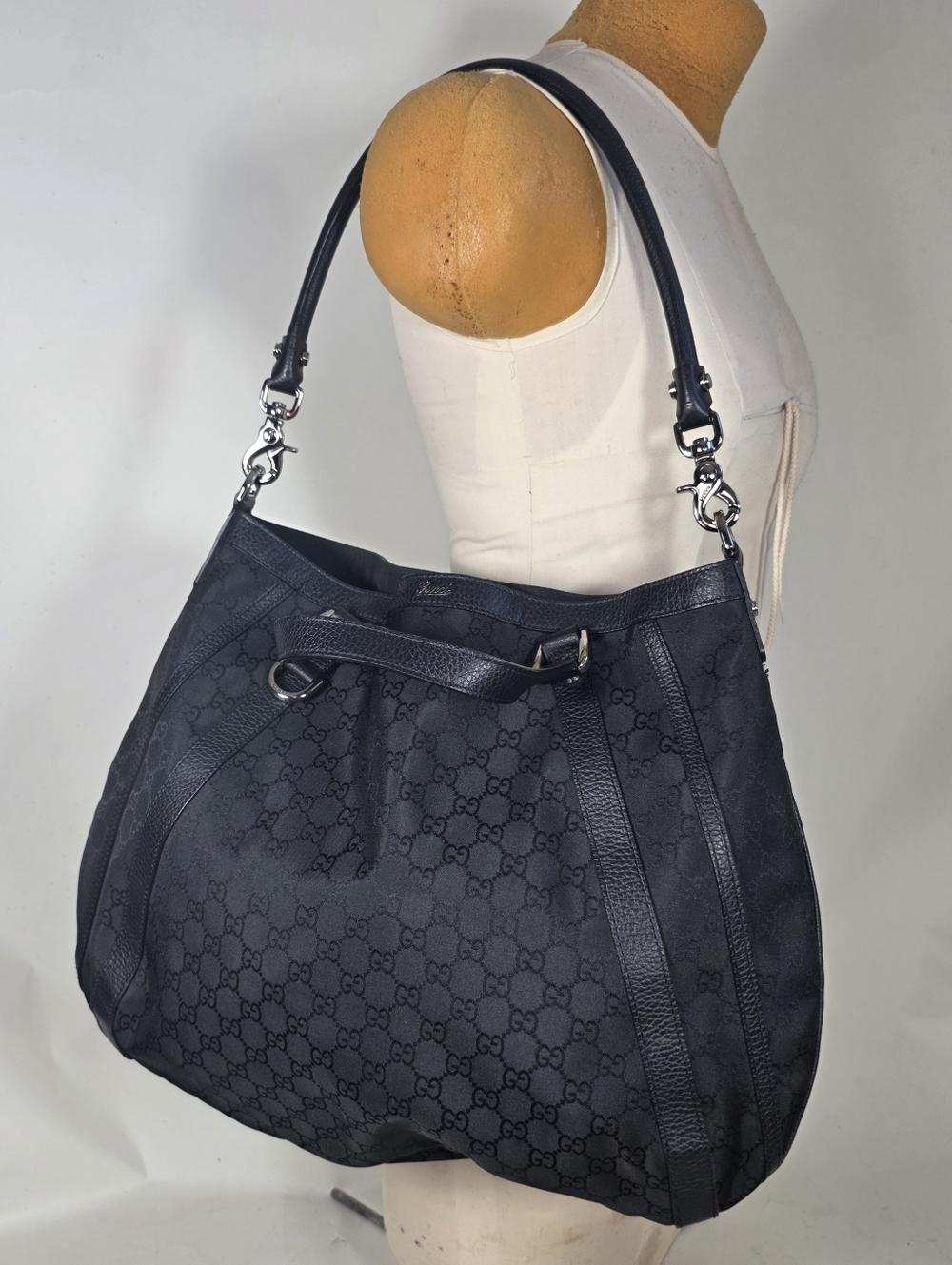 NEW Gucci Two Way Black Abbey Monogram Canvas Tote Purse Bag